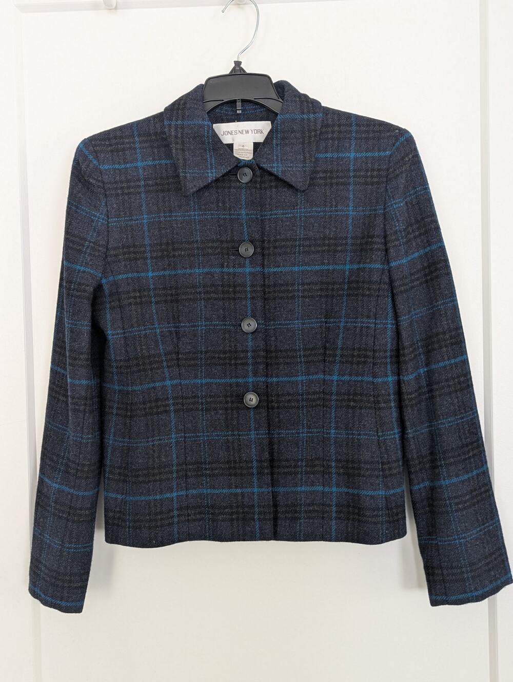 Jones New York Plaid Wool Blazer Jacket Blue Gray Button Front Career Size 4
